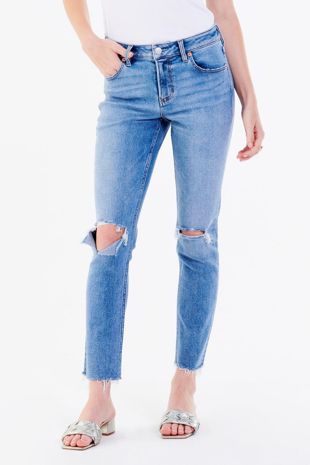 image of a female model wearing a AIDEN HIGH RISE GIRLFRIEND JEANS SUMMIT JEANS