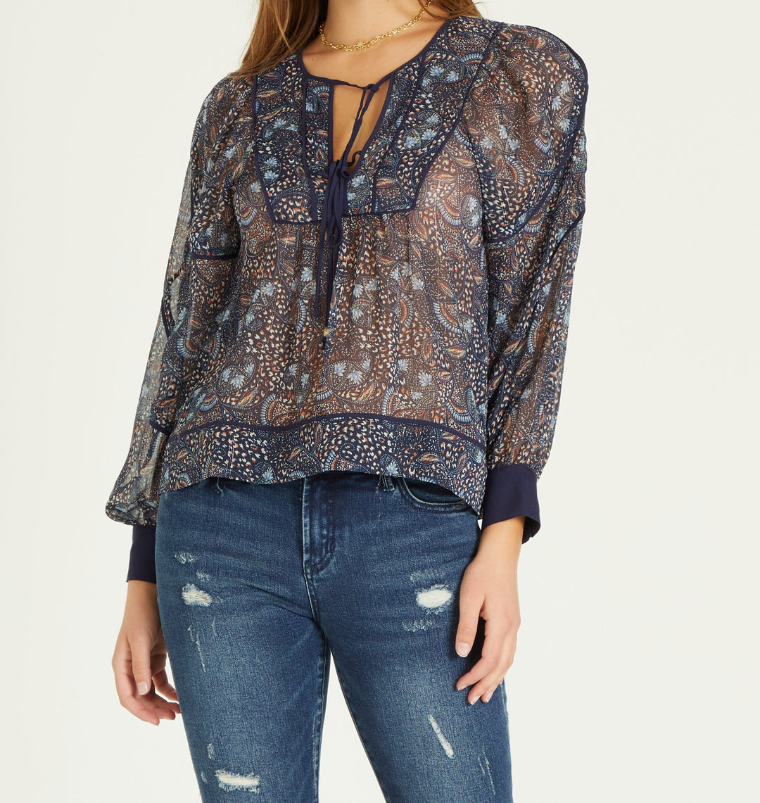 image of a female model wearing a MARION LONG SLEEVE TOP FEATHERED PAISLEY TOPS