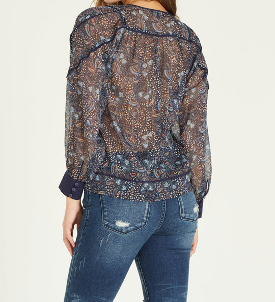 image of a female model wearing a MARION LONG SLEEVE TOP FEATHERED PAISLEY TOPS