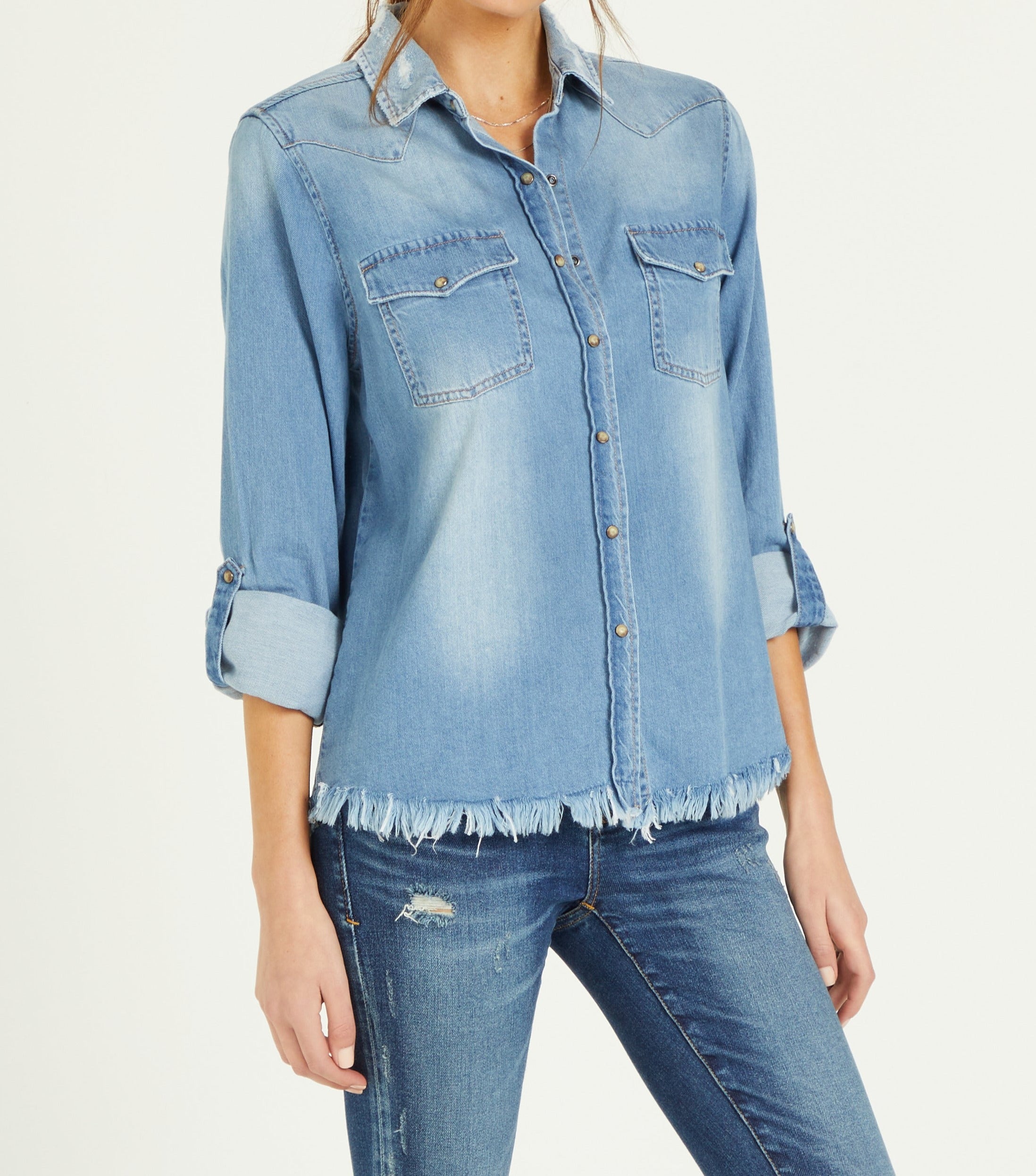 Distressed blue hot sale jean shirt