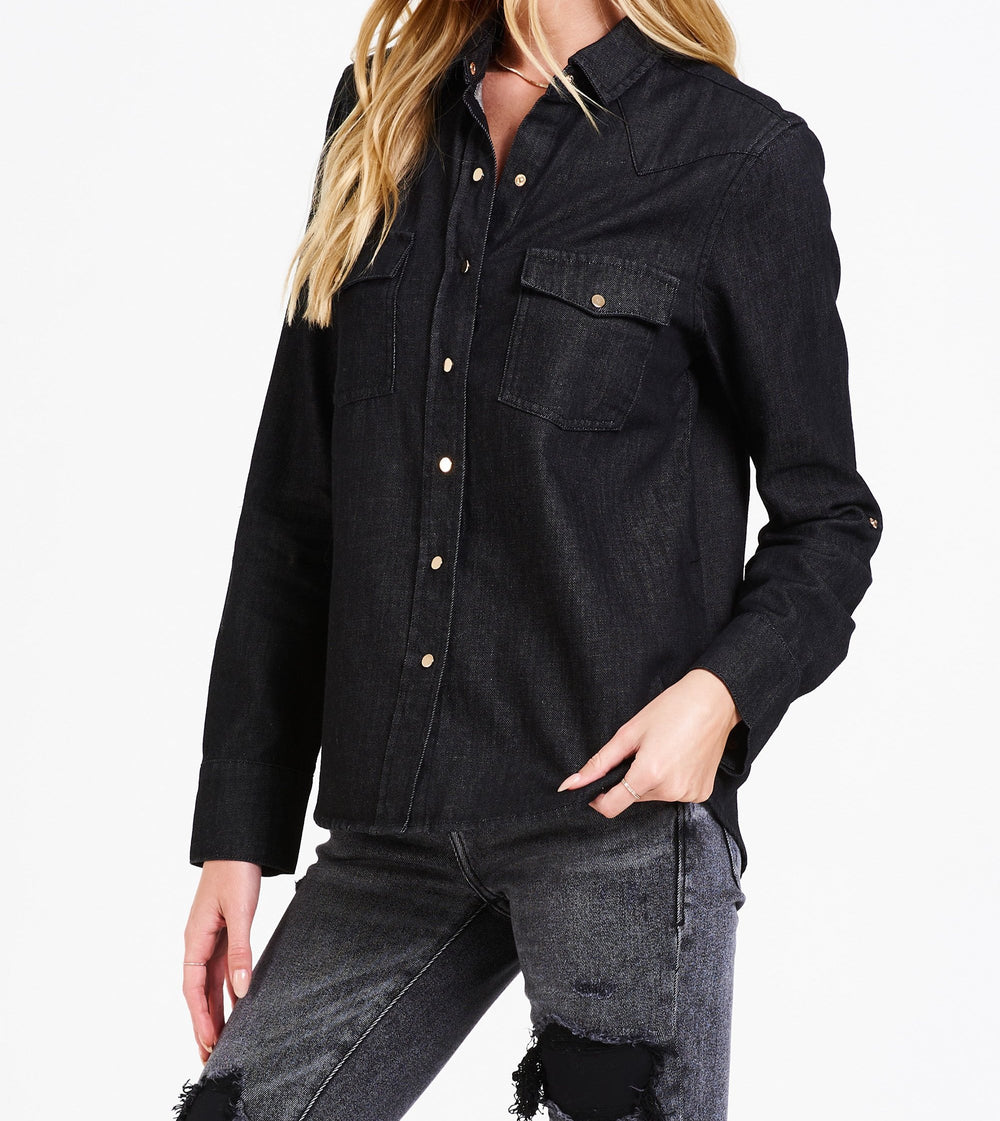 image of a female model wearing a STAR WESTERN SHIRT BLACK DENIM DEAR JOHN DENIM 