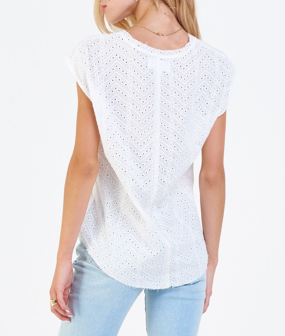 image of a female model wearing a YANIS EYELET EMBROIDERY TOP WHITE CHEVRON DEAR JOHN DENIM 