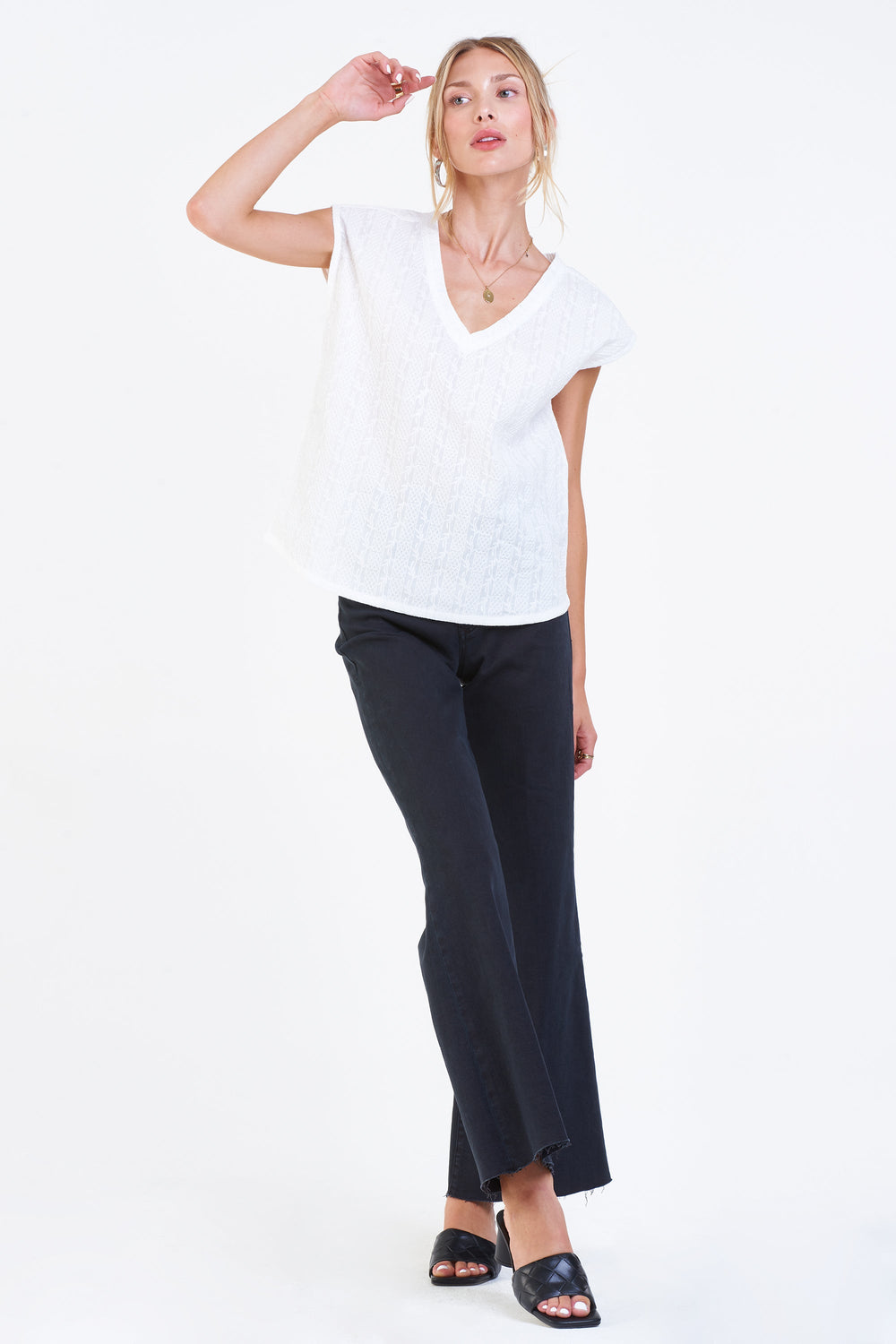 image of a female model wearing a YANIS LAUREL EMBROIDERY TOP WHITE LACE DEAR JOHN DENIM 