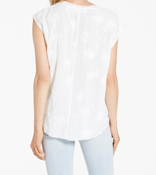 image of a female model wearing a YANIS FRAYED PEARLED IVORY FLORAL TOP DEAR JOHN DENIM 