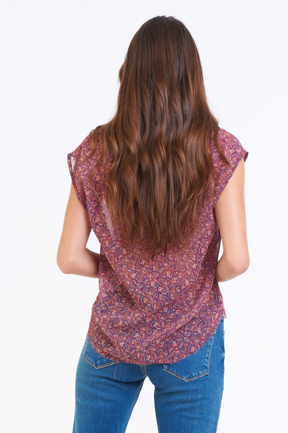 image of a female model wearing a YANIS PRINTED TOP TERRACOTTA PALM DEAR JOHN DENIM 