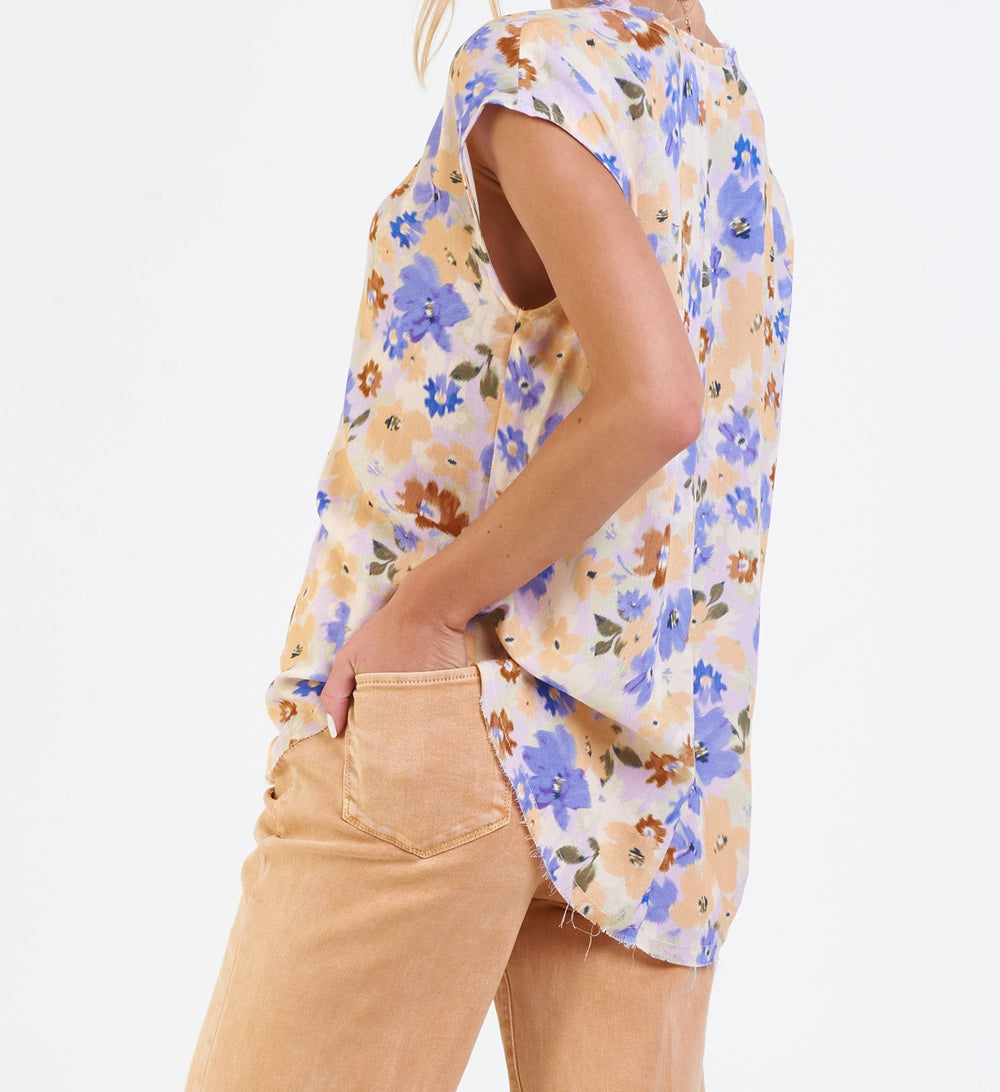 image of a female model wearing a YANIS PRINTED TOP LAVENDER MEDLEY DEAR JOHN DENIM 