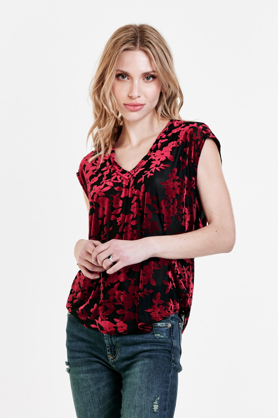 image of a female model wearing a YANIS MESH TOP RED BURNOUT TOPS