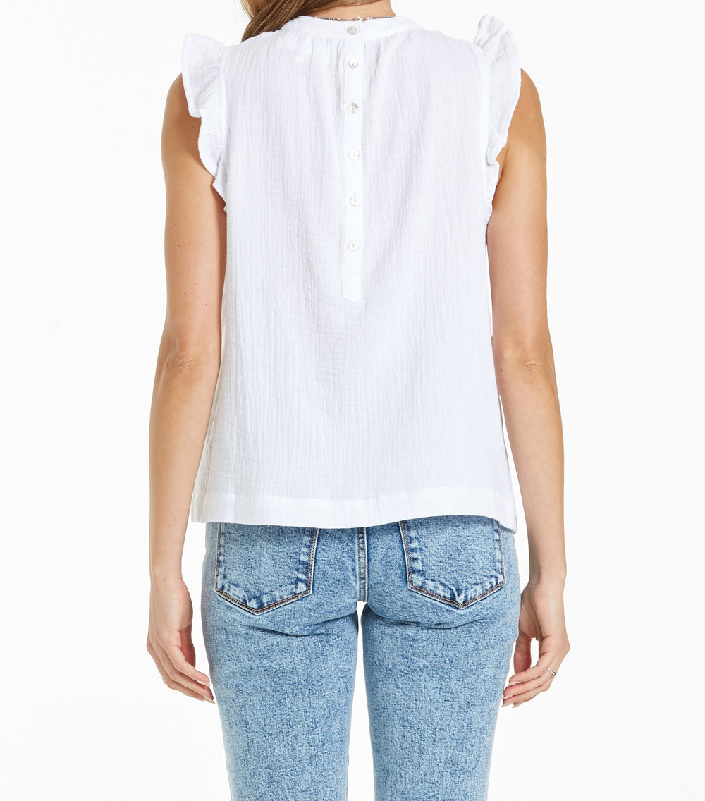 image of a female model wearing a LISA BUTTON BACK TOP WHITE TOPS