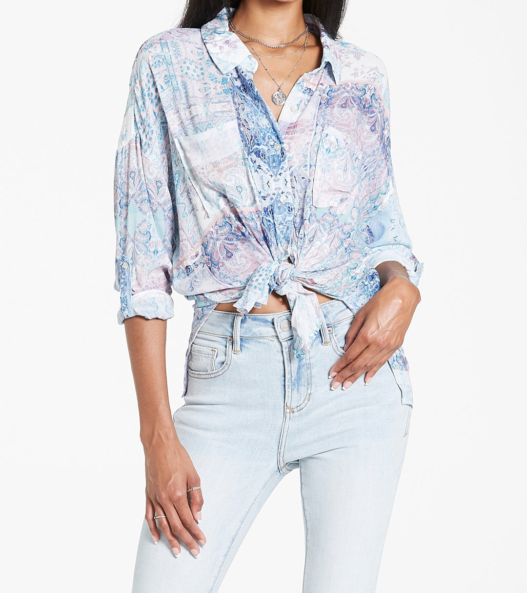 image of a female model wearing a ARIANNA TIE FRONT SHIRT LILAC BREEZE PATCHWORK SHIRTS