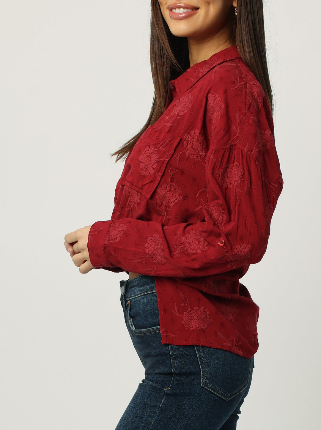 image of a female model wearing a ARIANNA FRONT TIE SHIRT RED DAHLIA DEAR JOHN DENIM 