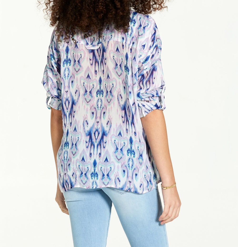 image of a female model wearing a ARIANNA BLURRED IKAT SHIRTS