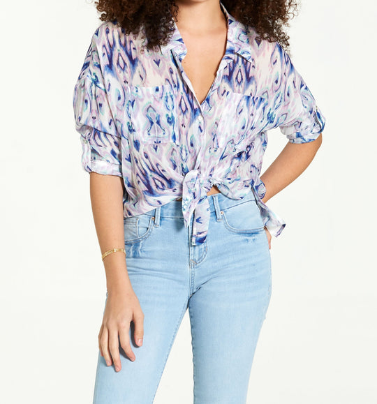 image of a female model wearing a ARIANNA BLURRED IKAT SHIRTS