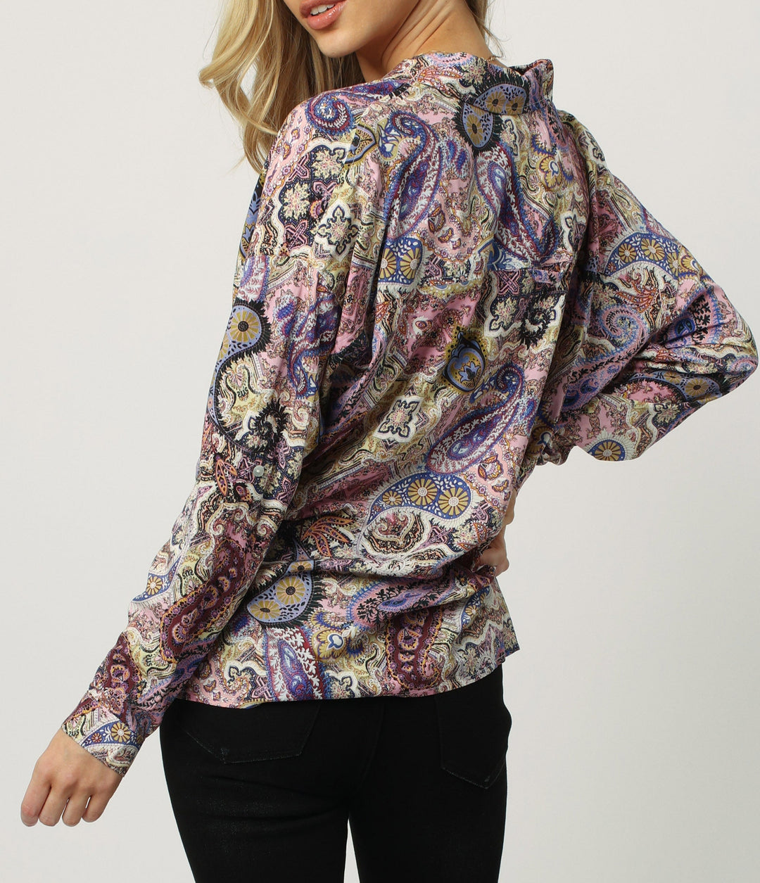 image of a female model wearing a ARIANNA BUTTON FRONT SHIRT MOONSCAPE PAISLEY SHIRTS
