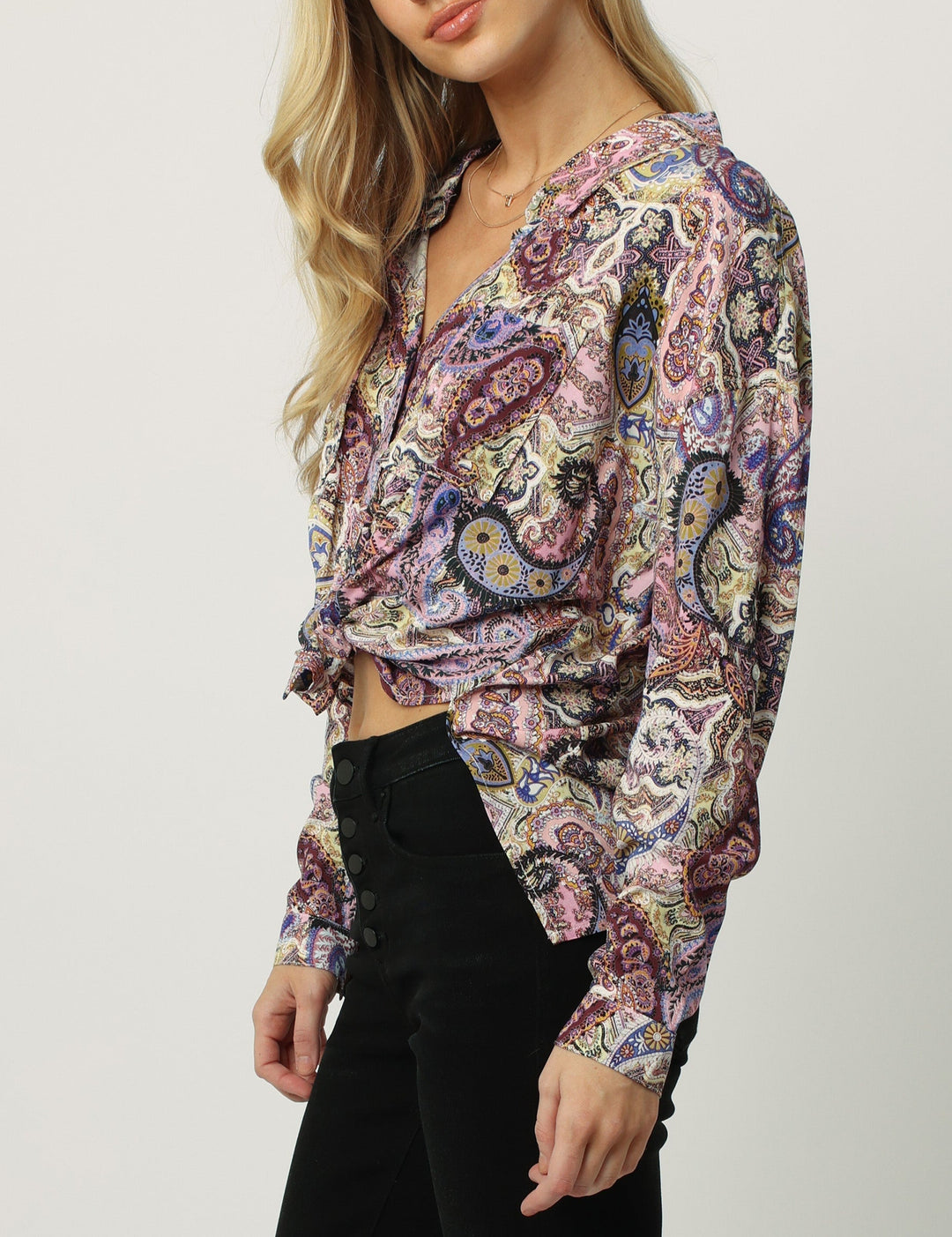 image of a female model wearing a ARIANNA BUTTON FRONT SHIRT MOONSCAPE PAISLEY SHIRTS
