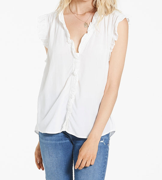 image of a female model wearing a ELLIE RUFFLE SHIRT WHITE SHIRTS