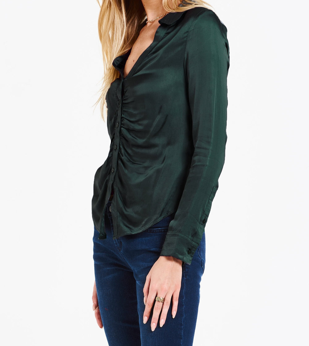 image of a female model wearing a SAYLOR GATHERED FRONT SHIRT EVERGREEN DEAR JOHN DENIM 