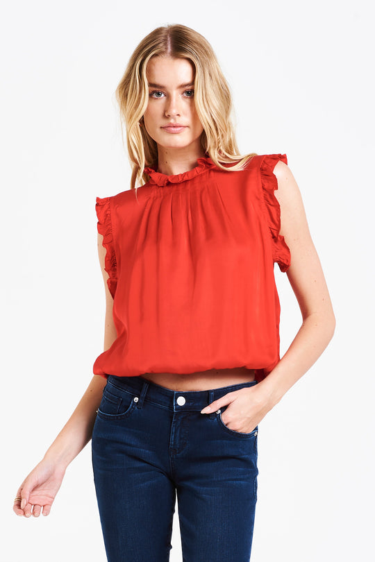 image of a female model wearing a MELISSA SILKY RUFFLE TOP BARBERRY TOPS