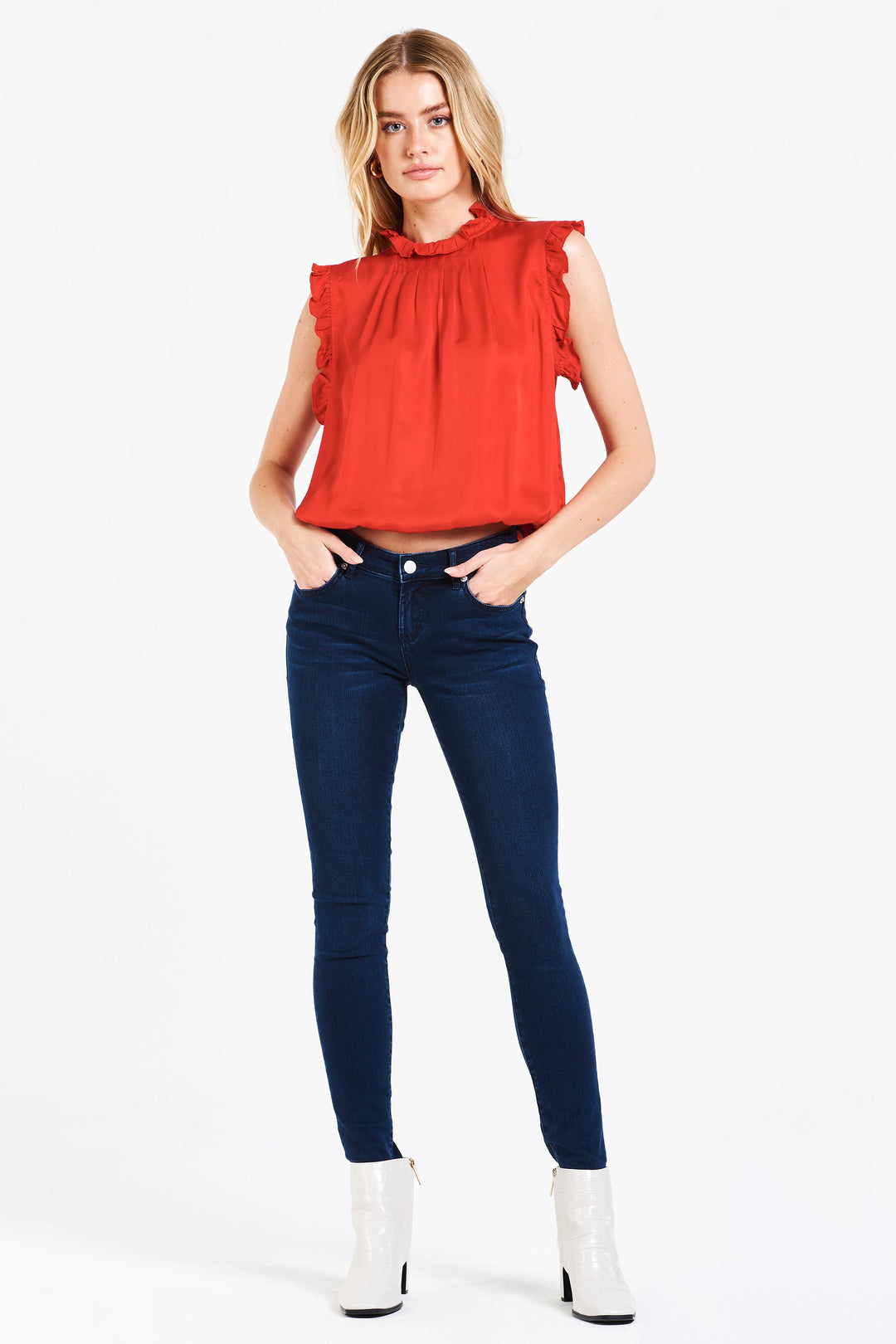 image of a female model wearing a MELISSA SILKY RUFFLE TOP BARBERRY TOPS