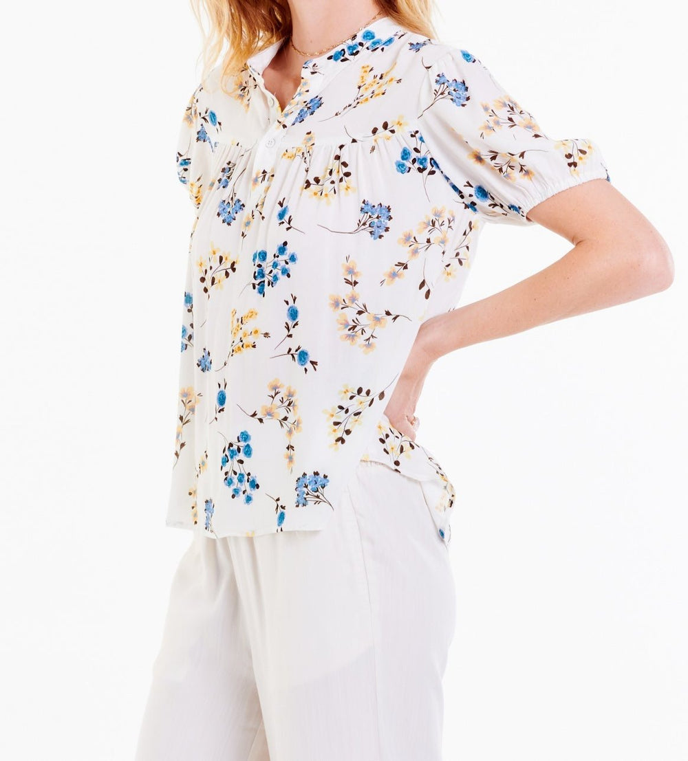 image of a female model wearing a MELANIE SHIRRED SHIRT MALIBU FLORAL DEAR JOHN DENIM 