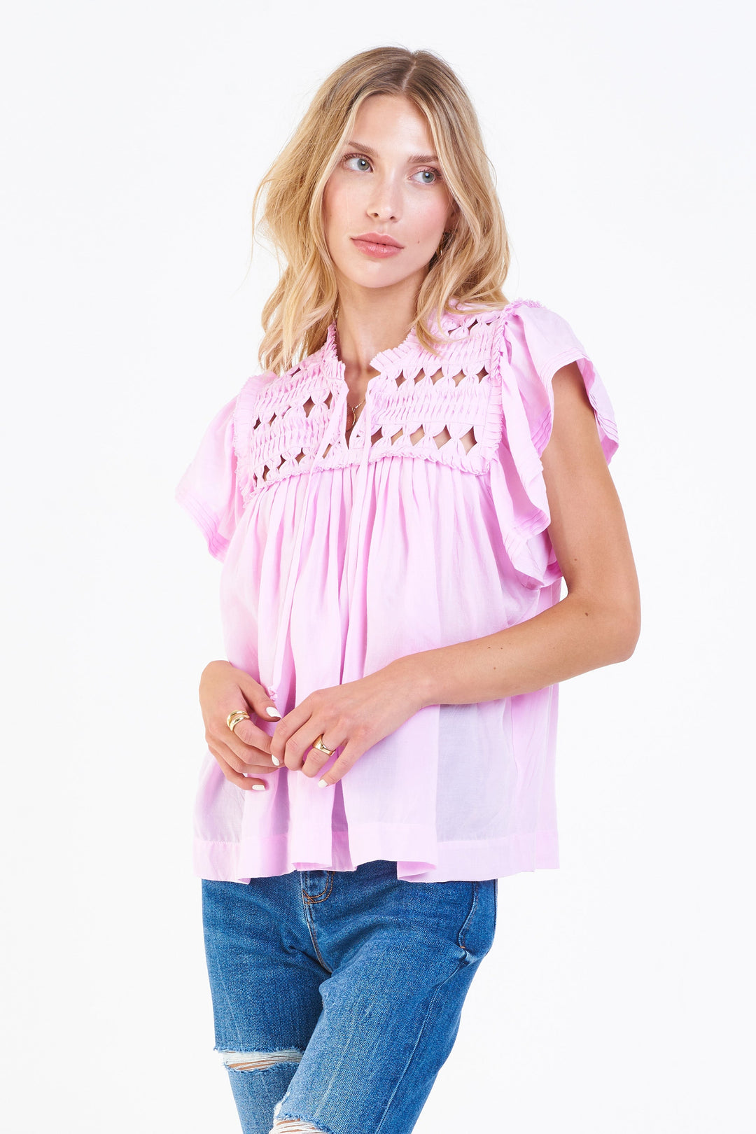 image of a female model wearing a KEZIA KNOTTED EMBROIDERY TOP PINK LAVENDER DEAR JOHN DENIM 
