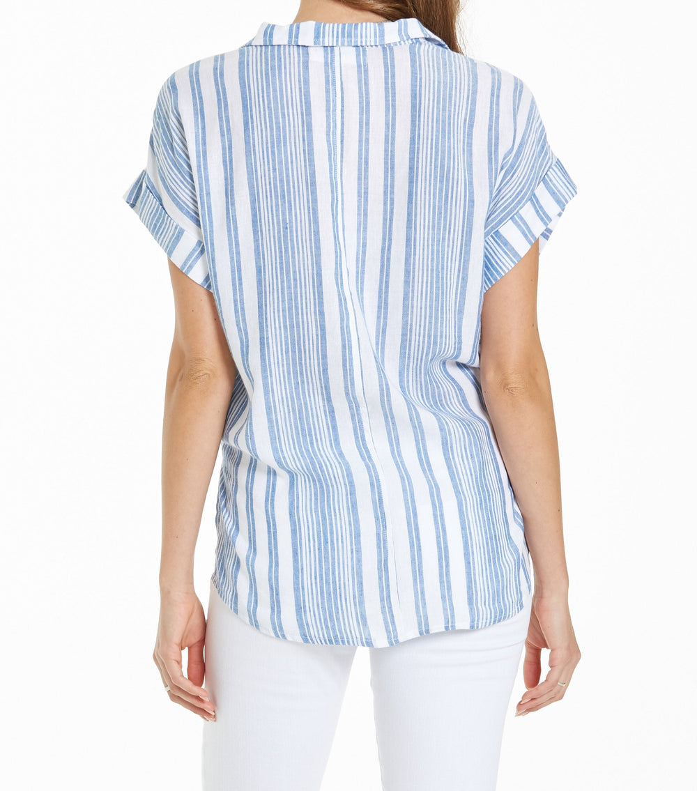 image of a female model wearing a CALI FRONT TIE SHIRT FRENCH NAVY STRIPE SHIRTS