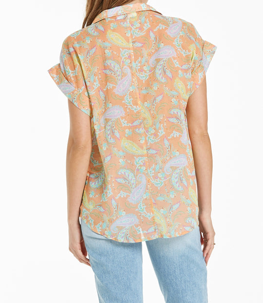image of a female model wearing a CALI TIE FRONT SHIRT CREAMSICLE PAISLEY SHIRTS