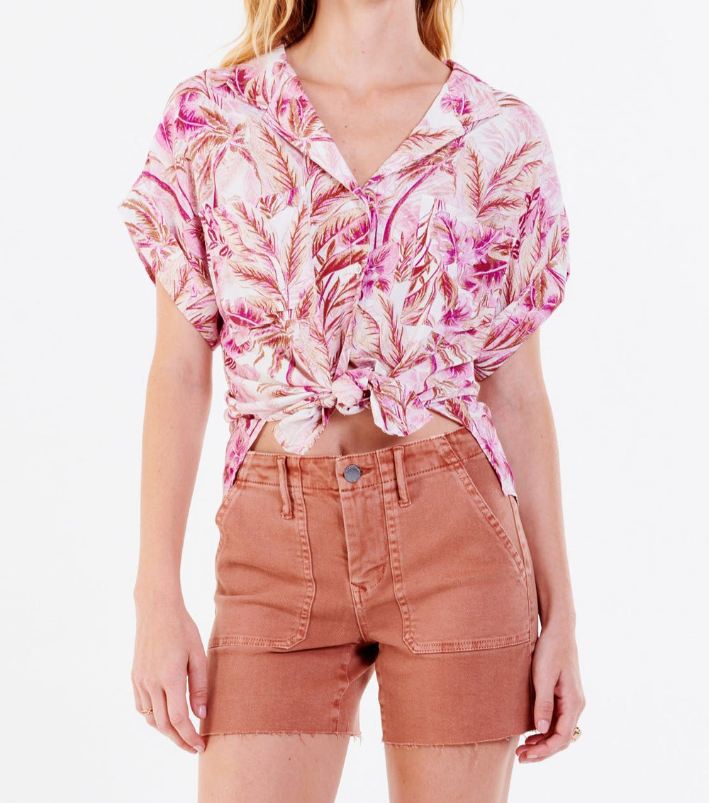 image of a female model wearing a CALI TIE FRONT SHIRT VIOLET TROPIC DEAR JOHN DENIM 