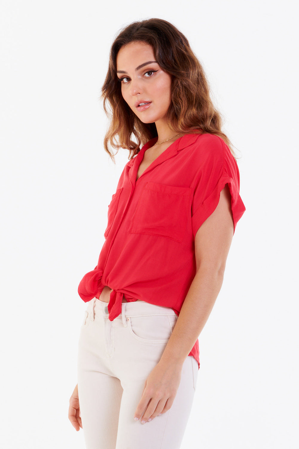 image of a female model wearing a CALI TIE FRONT SHIRT HIBISCUS DEAR JOHN DENIM 