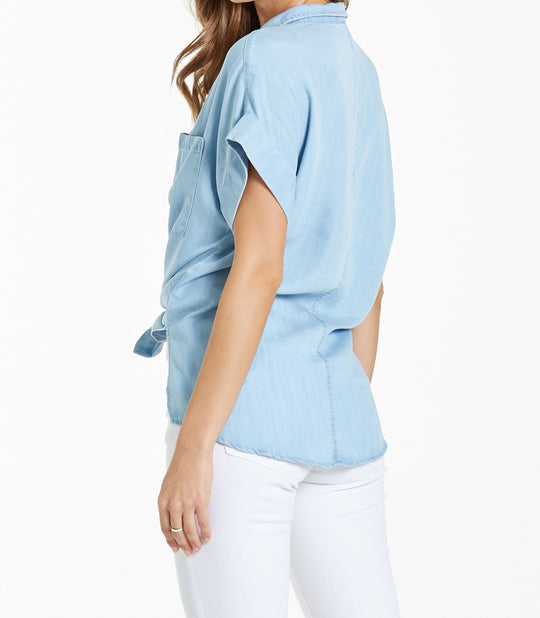 image of a female model wearing a CALI FRONT TIE SHIRT BEL AIR BLUE SHIRTS