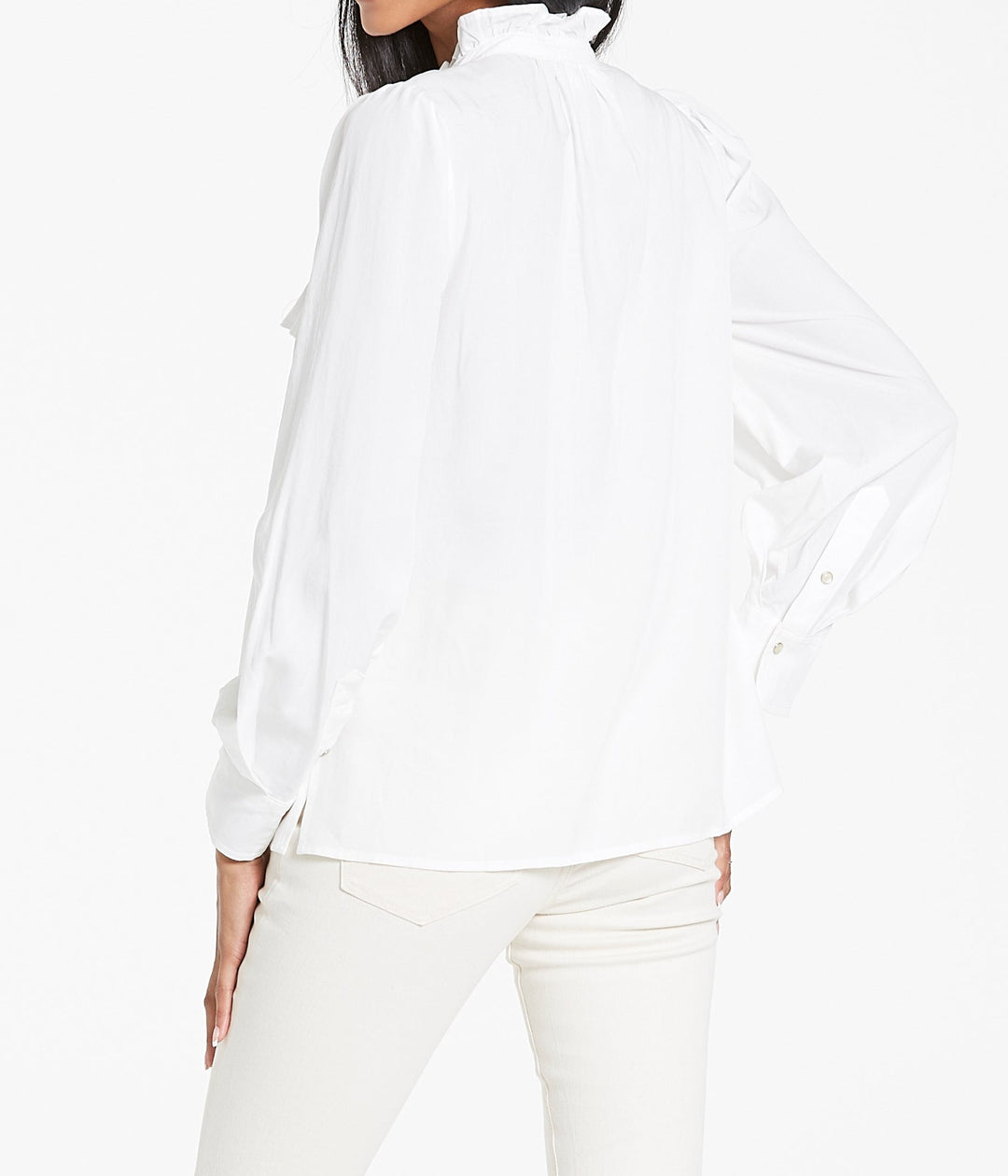image of a female model wearing a AYLA CENTER RUFFLE WHITE SHIRT DEAR JOHN DENIM 
