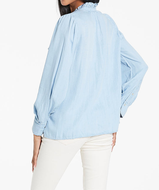 image of a female model wearing a AYLA CENTER RUFFLE BLUE SKIES SHIRT DEAR JOHN DENIM 