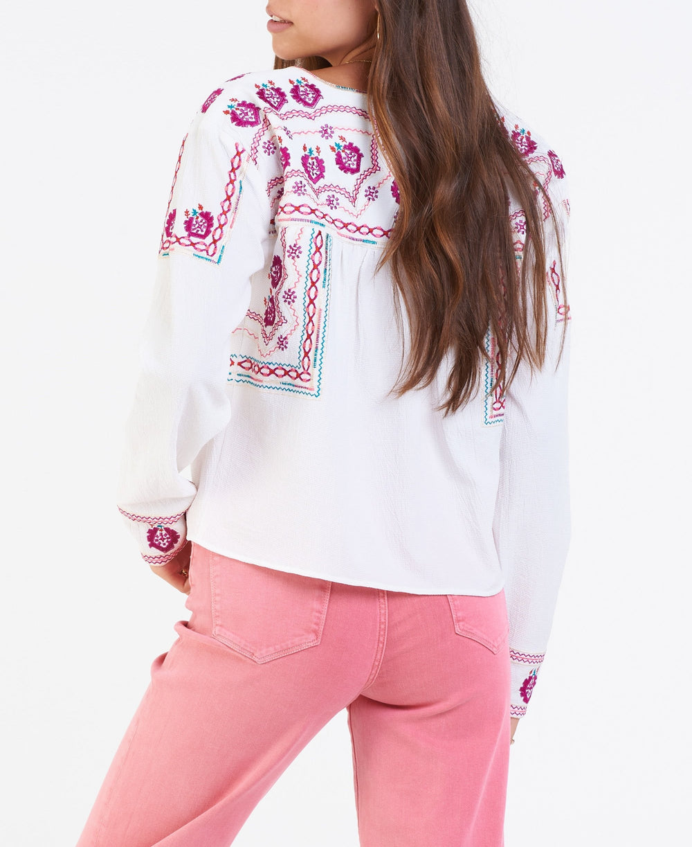 image of a female model wearing a IRIS EMBROIDERY DETAIL TOP WHITE BOHO DEAR JOHN DENIM 