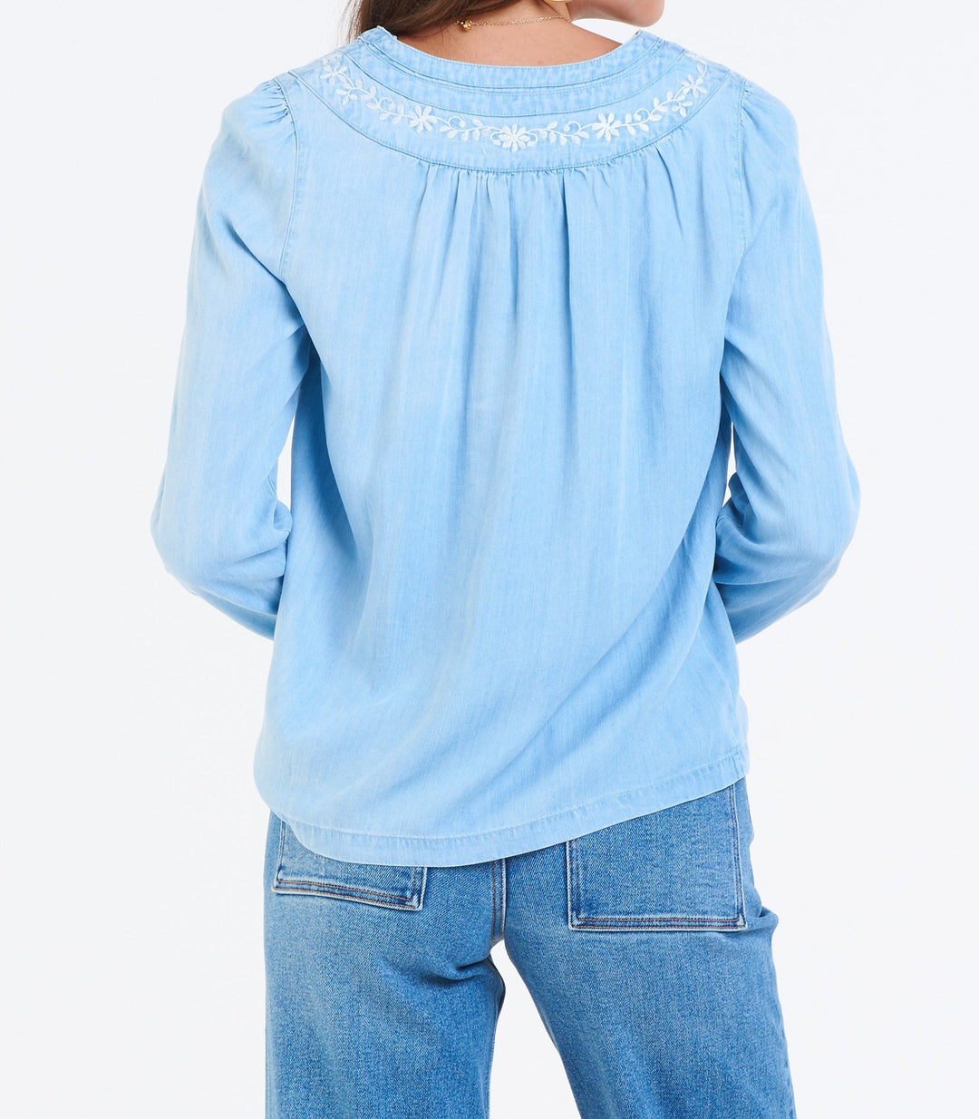 image of a female model wearing a TIANA EMBROIDERY DETAIL SHIRT CAROLINA BLUE DEAR JOHN DENIM 