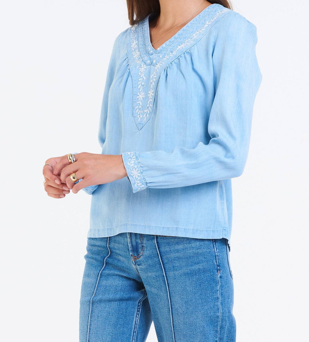 image of a female model wearing a TIANA EMBROIDERY DETAIL SHIRT CAROLINA BLUE DEAR JOHN DENIM 