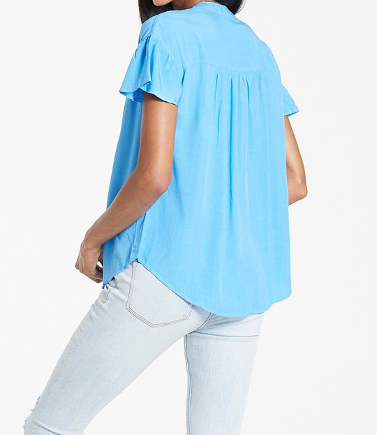image of a female model wearing a BLAKE FLUTTER SLEEVE TOP COBALT BLUE TOPS