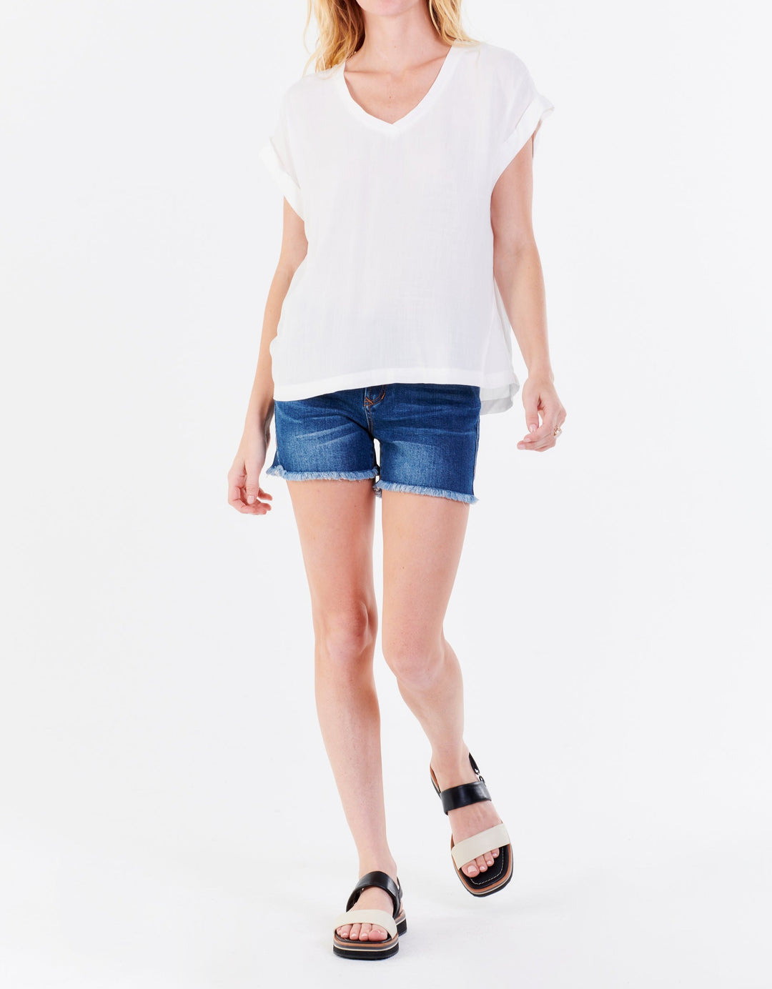 image of a female model wearing a CAMILA DROP SHOULDER TOP WHITE TOPS