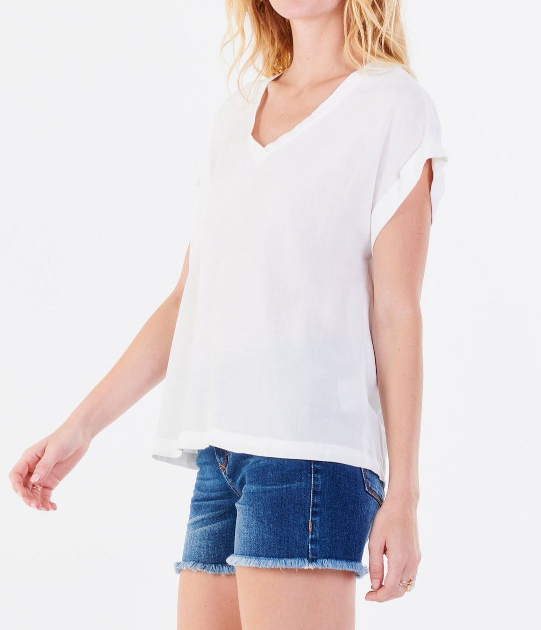 image of a female model wearing a CAMILA DROP SHOULDER TOP WHITE TOPS