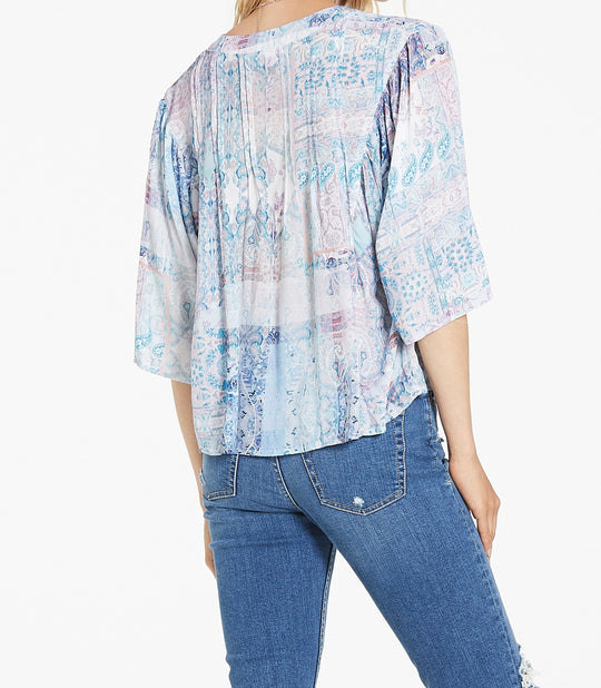 image of a female model wearing a MAYA BELL SLEEVE LILAC BREEZE PATWORK SHIRT DEAR JOHN DENIM 