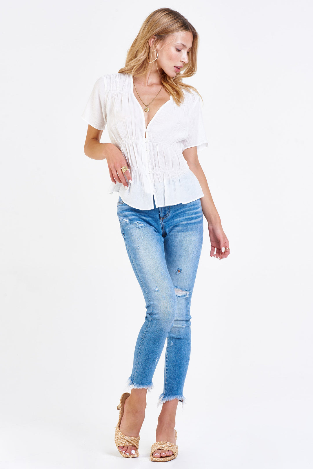 image of a female model wearing a ZOE RUCHED SHIRT WHITE DEAR JOHN DENIM 