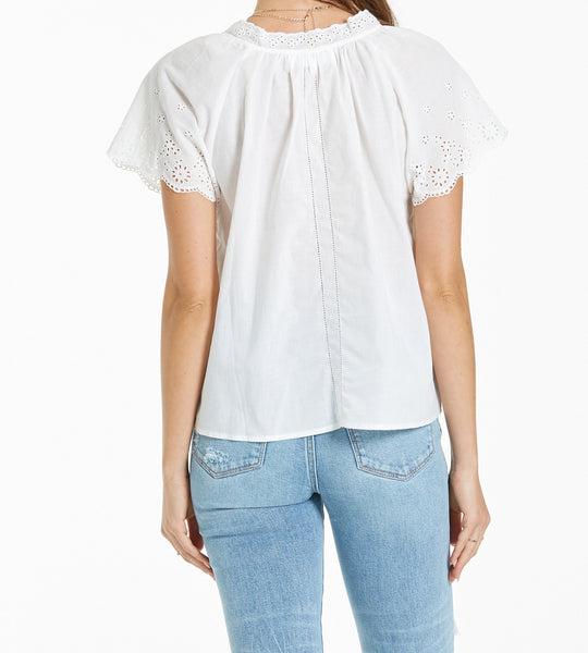 image of a female model wearing a DYLAN EMBROIDERED DETAIL TOP WHITE DEAR JOHN DENIM 