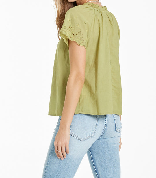 image of a female model wearing a DYLAN EMBROIDERED DETAIL TOP GREEN MEADOW DEAR JOHN DENIM 