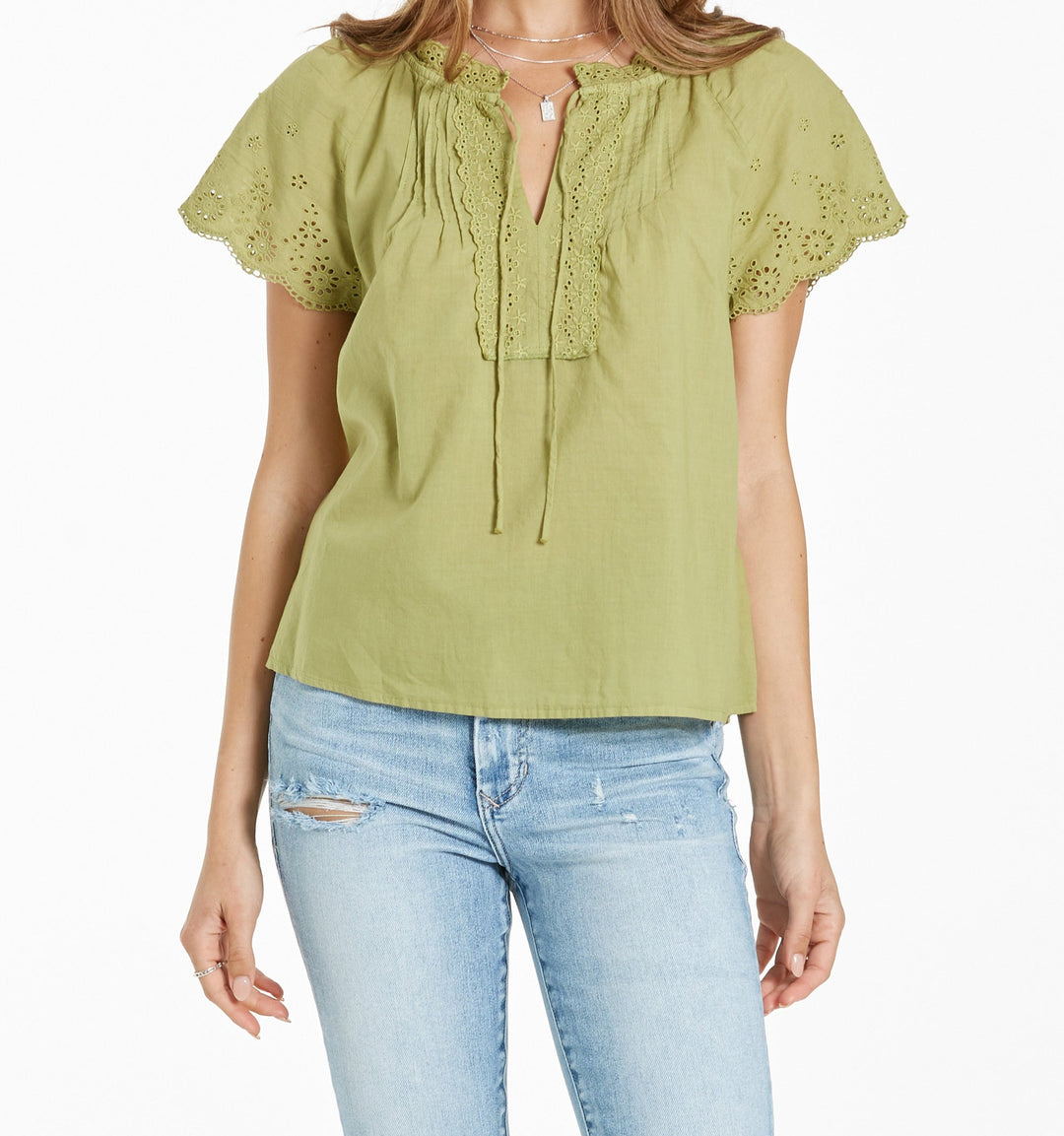 image of a female model wearing a DYLAN EMBROIDERED DETAIL TOP GREEN MEADOW DEAR JOHN DENIM 