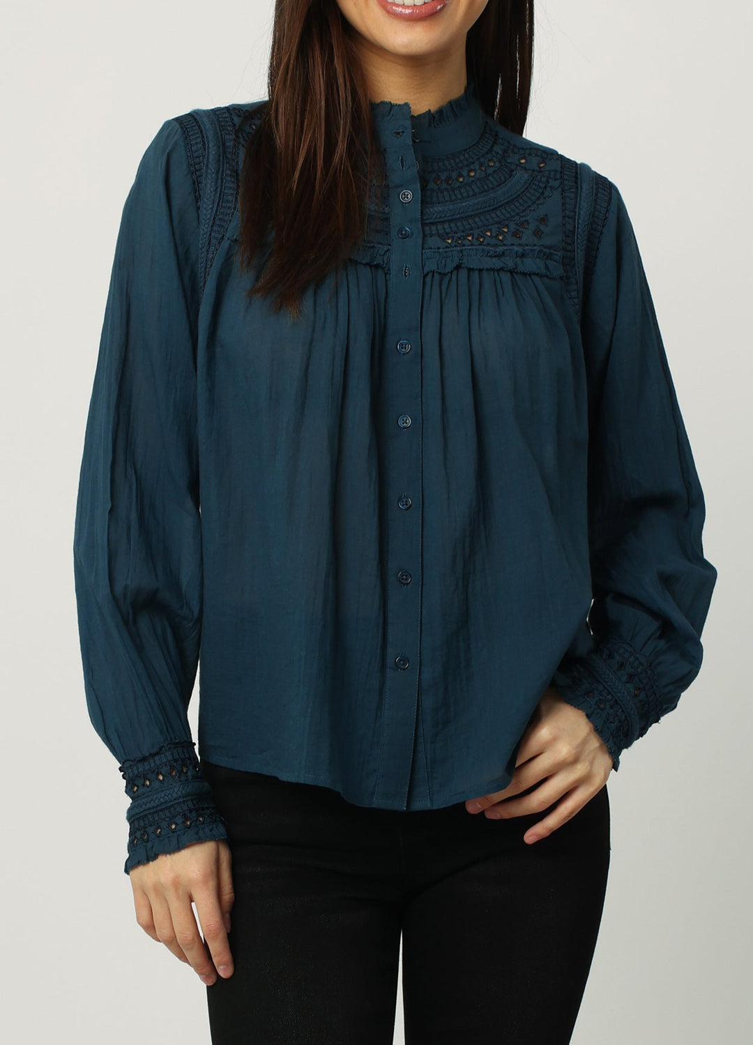 image of a female model wearing a KELLY EMBROIDERY DETAIL LONG SLEEVE TOP FRENCH NAVY SHIRTS