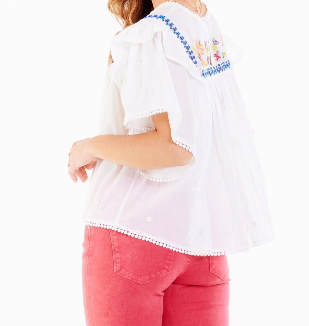 image of a female model wearing a PIA EMBROIDERY DETAIL TOP CREAM DEAR JOHN DENIM 