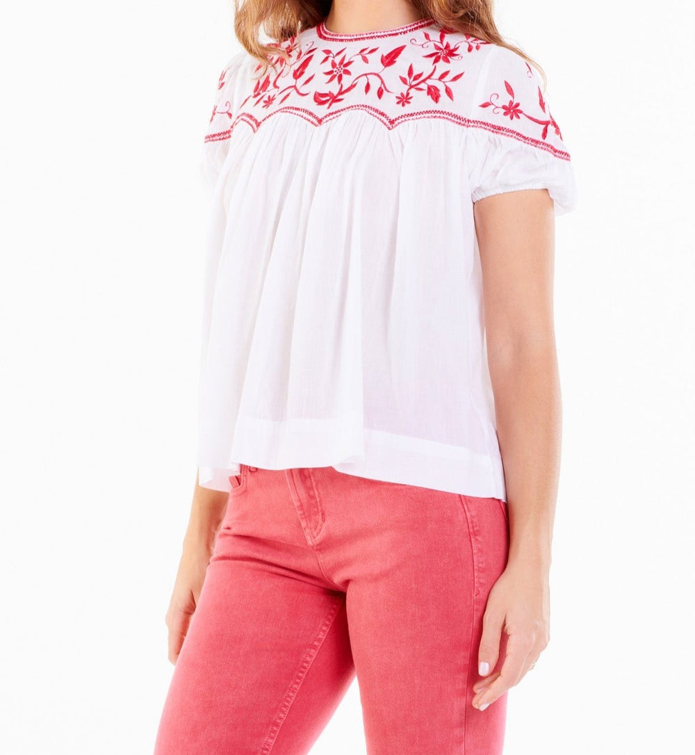 image of a female model wearing a ULLA EMBROIDERED DETAIL TOP RED VINE DEAR JOHN DENIM 