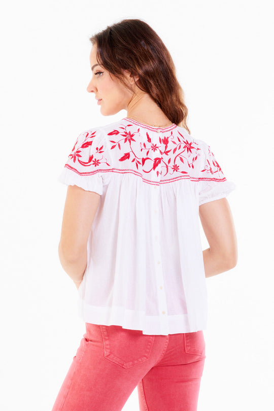 image of a female model wearing a ULLA EMBROIDERED DETAIL TOP RED VINE TOPS