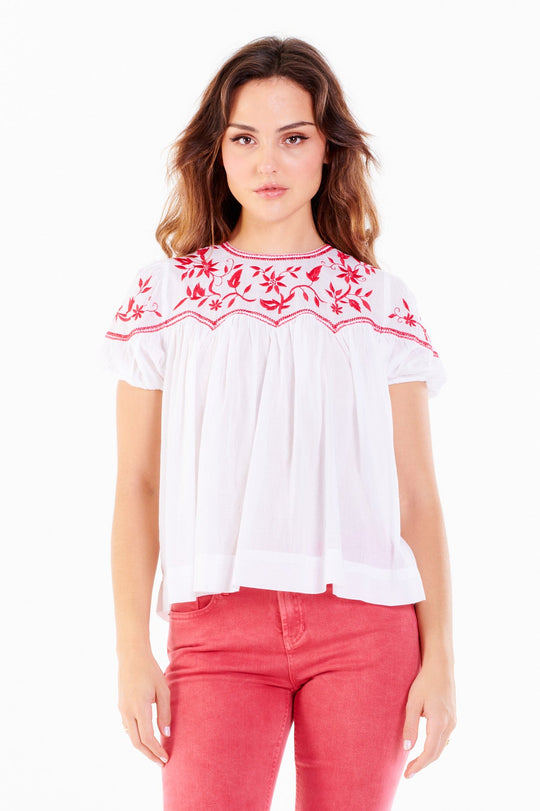 image of a female model wearing a ULLA EMBROIDERED DETAIL TOP RED VINE TOPS