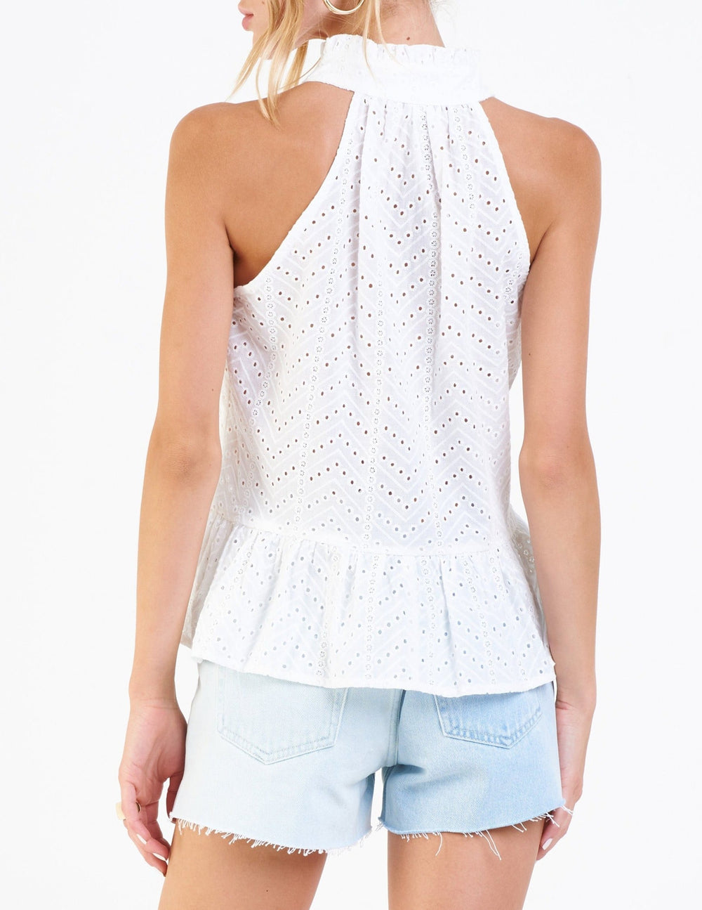 image of a female model wearing a CHARLOTTE EYELET EMBROIDERY TANK WHITE CHEVRON DEAR JOHN DENIM 