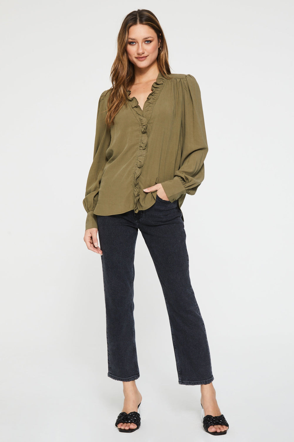 image of a female model wearing a CATHERINE LONG SLEEVE TOP CYPRESS TOPS