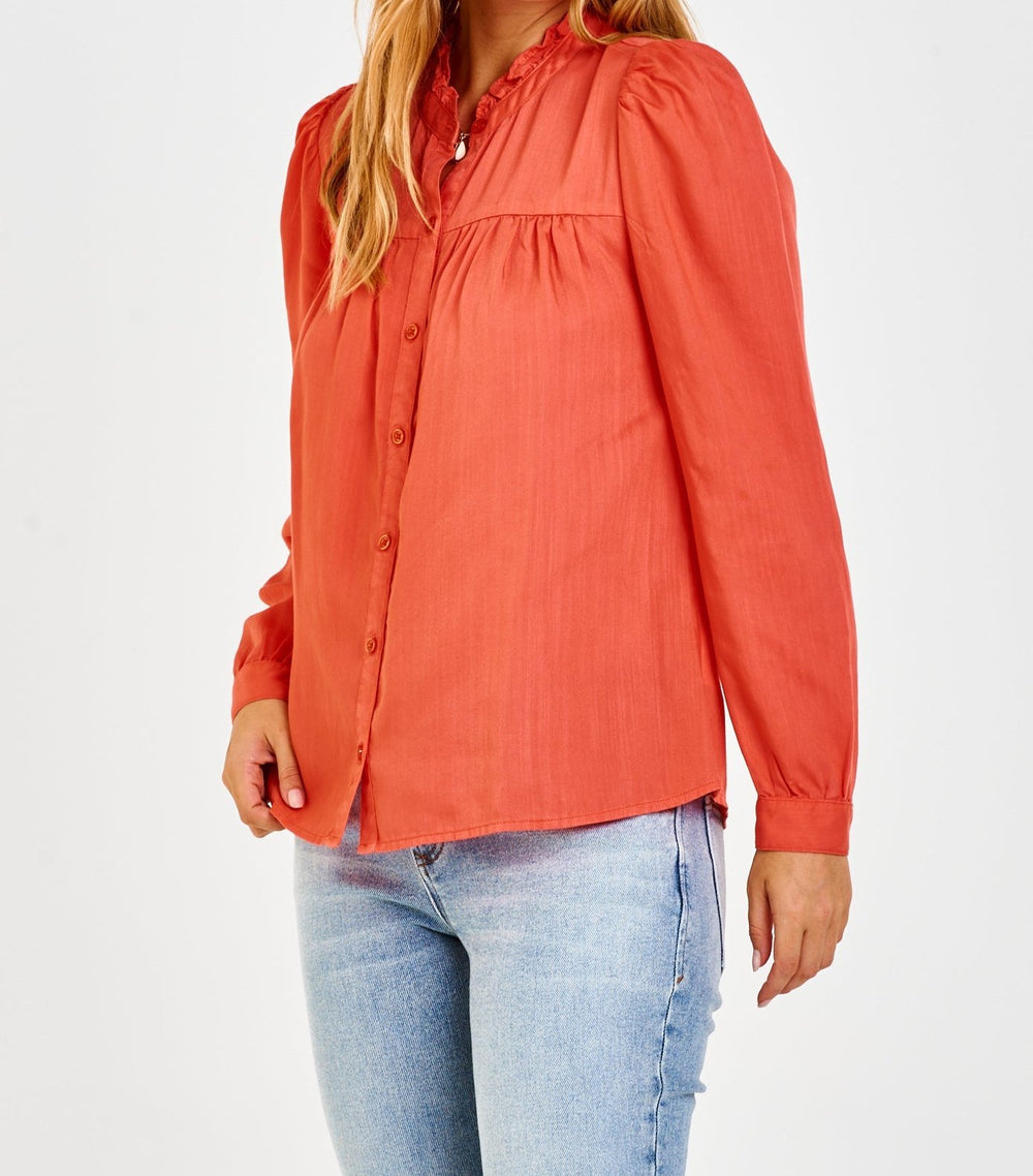 image of a female model wearing a KYLIE LONG SLEEVE SHIRT PAPRIKA DEAR JOHN DENIM 